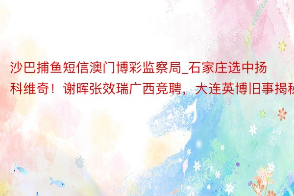 沙巴捕鱼短信澳门博彩监察局_石家庄选中扬科维奇！谢晖张效瑞广西竞聘，大连英博旧事揭秘