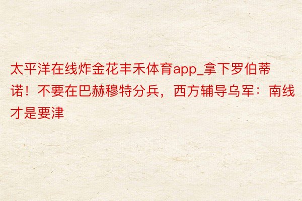 太平洋在线炸金花丰禾体育app_拿下罗伯蒂诺！不要在巴赫穆特分兵，西方辅导乌军：南线才是要津